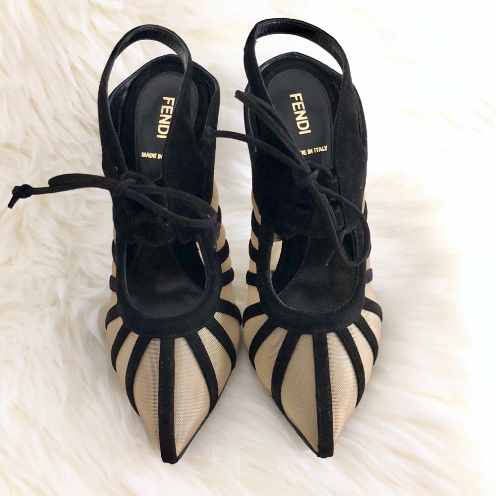FENDI Mesh and Goat Leather Slingback Pumps